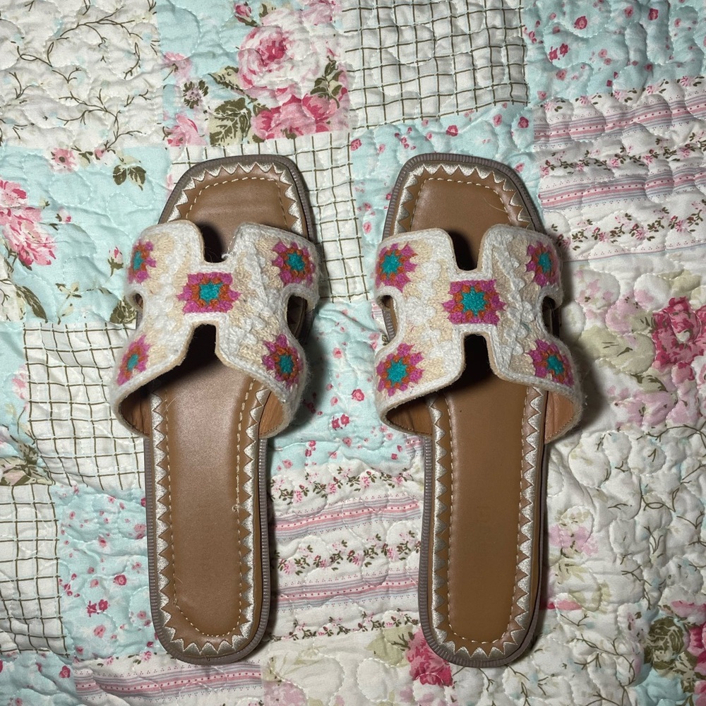 Embroidered Tan Slide Sandals